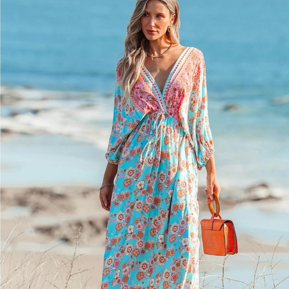 Cupshe Floral V-Neck Coverup - Blue and Pink